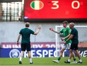 20 May 2023; Republic of Ireland head coach Colin O'Brien, left, and Luke Kehir after their side's victory in the UEFA European U17 Championship Final Tournament match between Republic of Ireland and Wales at Pancho Aréna in Felcsút, Hungary. Photo by David Balogh/Sportsfile