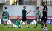 20 May 2023; Republic of Ireland head coach Colin O'Brien and Kaylem Harnett after their side's victory in the UEFA European U17 Championship Final Tournament match between Republic of Ireland and Wales at Pancho Aréna in Felcsút, Hungary. Photo by David Balogh/Sportsfile