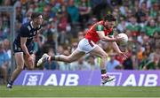 20 May 2023; Pádraig O’Hora of Mayo in action against Paul Geaney of Kerry during the GAA Football All-Ireland Senior Championship Round 1 match between Kerry and Mayo at Fitzgerald Stadium in Killarney, Kerry. Photo by Piaras Ó Mídheach/Sportsfile