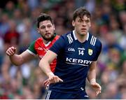 20 May 2023; Pádraig O’Hora of Mayo and David Clifford of Kerry during the GAA Football All-Ireland Senior Championship Round 1 match between Kerry and Mayo at Fitzgerald Stadium in Killarney, Kerry. Photo by Piaras Ó Mídheach/Sportsfile