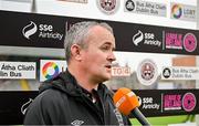20 May 2023; Athlone Town manager Tommy Hewit is interviewed before the SSE Airtricity Women's Premier Division match between Bohemians and Athlone Town at Dalymount Park in Dublin. Photo by Seb Daly/Sportsfile