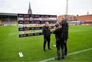 20 May 2023; Athlone Town manager Tommy Hewit is interviewed before the SSE Airtricity Women's Premier Division match between Bohemians and Athlone Town at Dalymount Park in Dublin. Photo by Seb Daly/Sportsfile