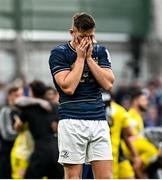 20 May 2023; Ross Byrne of Leinster reacts after the Heineken Champions Cup Final match between Leinster and La Rochelle at Aviva Stadium in Dublin. Photo by Ramsey Cardy/Sportsfile
