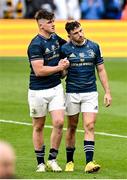 20 May 2023; Dan Sheehan, left, and Hugo Keenan of Leinster after the Heineken Champions Cup Final match between Leinster and La Rochelle at Aviva Stadium in Dublin. Photo by Brendan Moran/Sportsfile