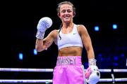 20 May 2023; Maisey Rose Courtney celebrates her victory following her flyweight bout with Kate Radomska at the 3Arena in Dublin. Photo by Stephen McCarthy/Sportsfile