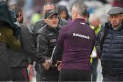 20 May 2023; Tyrone joint manager Brian Dooher shakes hands with Galway manager Padraic Joyce after the game the GAA Football All-Ireland Senior Championship Round 1 match between Galway and Tyrone at Pearse Stadium in Galway. Photo by Ray Ryan/Sportsfile