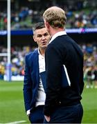 20 May 2023; Jonathan Sexton, left, and Leinster head coach Leo Cullen after the Heineken Champions Cup Final match between Leinster and La Rochelle at Aviva Stadium in Dublin. Photo by Harry Murphy/Sportsfile