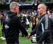 20 May 2023; La Rochelle head coach Ronan O'Gara, left, and Leinster senior coach Stuart Lancaster after the Heineken Champions Cup Final match between Leinster and La Rochelle at Aviva Stadium in Dublin. Photo by Harry Murphy/Sportsfile