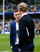 20 May 2023; Jonathan Sexton, left, and Leinster head coach Leo Cullen after the Heineken Champions Cup Final match between Leinster and La Rochelle at Aviva Stadium in Dublin. Photo by Harry Murphy/Sportsfile