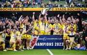 20 May 2023; La Rochelle players celebrate with the trophy after the Heineken Champions Cup Final match between Leinster and La Rochelle at Aviva Stadium in Dublin. Photo by Ramsey Cardy/Sportsfile