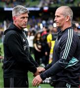 20 May 2023; La Rochelle head coach Ronan O'Gara, left, and Leinster senior coach Stuart Lancaster after the Heineken Champions Cup Final match between Leinster and La Rochelle at Aviva Stadium in Dublin. Photo by Harry Murphy/Sportsfile