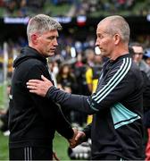 20 May 2023; La Rochelle head coach Ronan O'Gara, left, and Leinster senior coach Stuart Lancaster after the Heineken Champions Cup Final match between Leinster and La Rochelle at Aviva Stadium in Dublin. Photo by Harry Murphy/Sportsfile