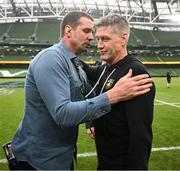 20 May 2023; La Rochelle head coach Ronan O'Gara, right, with Virgin Media Television analyst Alan Quinlan after the Heineken Champions Cup Final match between Leinster and La Rochelle at Aviva Stadium in Dublin. Photo by Harry Murphy/Sportsfile