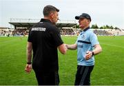 20 May 2023; Kilkenny manager Derek Lyng, left, shakes hands with Dublin Manager Micheál Donoghue after the Leinster GAA Hurling Senior Championship Round 4 match between Kilkenny and Dublin at UPMC Nowlan Park in Kilkenny. Photo by Michael P Ryan/Sportsfile