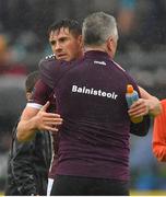20 May 2023; Galway manager Padraic Joyce embraces Shane Walsh  of Galway after the GAA Football All-Ireland Senior Championship Round 1 match between Galway and Tyrone at Pearse Stadium in Galway. Photo by Ray Ryan/Sportsfile