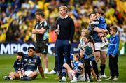 20 May 2023; Leinster head coach Leo Cullen and Leinster players, from left, Michael Ala'alatoa, Jamison Gibson-Park and Cian Healy with their children after their side's defeat in the Heineken Champions Cup Final match between Leinster and La Rochelle at Aviva Stadium in Dublin. Photo by Harry Murphy/Sportsfile