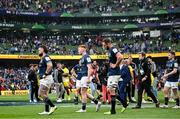20 May 2023; Leinster players, from left, Andrew Porter, Ciarán Frawley and Jason Jenkins after their side's defeat in the Heineken Champions Cup Final match between Leinster and La Rochelle at Aviva Stadium in Dublin. Photo by Harry Murphy/Sportsfile
