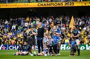 20 May 2023; Leinster head coach Leo Cullen and contact skills coach Sean O'Brien with players, from left, Michael Ala'alatoa, Jamison Gibson-Park, Cian Healy and Charlie Ngatai and their children after their side's defeat in the Heineken Champions Cup Final match between Leinster and La Rochelle at Aviva Stadium in Dublin. Photo by Harry Murphy/Sportsfile