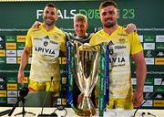 20 May 2023; La Rochelle head coach Ronan O'Gara, centre, with Romain Sazy, left, and Grégory Alldritt after the Heineken Champions Cup Final match between Leinster and La Rochelle at Aviva Stadium in Dublin. Photo by Brendan Moran/Sportsfile