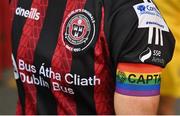 20 May 2023; A detailed view of the LGBT Ireland branded armband on the arm of Bohemians captain Erica Burke during the SSE Airtricity Women's Premier Division match between Bohemians and Athlone Town at Dalymount Park in Dublin. Photo by Seb Daly/Sportsfile