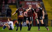 20 May 2023; Mia Dodd of Bohemians, centre, celebrates with teammates Abbie O'Hara, left, and Niamh Prior after their side's victory in the SSE Airtricity Women's Premier Division match between Bohemians and Athlone Town at Dalymount Park in Dublin. Photo by Seb Daly/Sportsfile