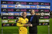20 May 2023; Bohemians goalkeeper Rachael Kelly is presented with the Player of the Match award by LGBT Ireland chief executive Paula Egan after the SSE Airtricity Women's Premier Division match between Bohemians and Athlone Town at Dalymount Park in Dublin. Photo by Seb Daly/Sportsfile