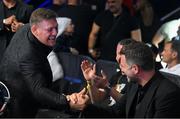 20 May 2023; UFC fighter Conor McGregor, left, and promoter Eddie Hearn ahead of the undisputed super lightweight championship fight between Katie Taylor and Chantelle Cameron at the 3Arena in Dublin. Photo by Stephen McCarthy/Sportsfile