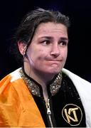 20 May 2023; Katie Taylor after her defeat to Chantelle Cameron in their undisputed super lightweight championship fight at the 3Arena in Dublin. Photo by Stephen McCarthy/Sportsfile