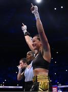 20 May 2023; Chantelle Cameron celebrates after defeating Katie Taylor in their undisputed super lightweight championship fight at the 3Arena in Dublin. Photo by Stephen McCarthy/Sportsfile