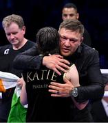 20 May 2023; Katie Taylor is consoled by UFC fighter Conor McGregor after her defeat to Chantelle Cameron in their undisputed super lightweight championship fight at the 3Arena in Dublin. Photo by Stephen McCarthy/Sportsfile