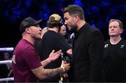 20 May 2023; Trainer Jamie Moore, left, and promoter Eddie Hearn ahead of the undisputed super lightweight championship fight between Katie Taylor and Chantelle Cameron at the 3Arena in Dublin. Photo by Stephen McCarthy/Sportsfile