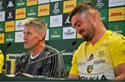20 May 2023; La Rochelle head coach Ronan O'Gara, left, and captain Grégory Alldritt during the post match media conference after the Heineken Champions Cup Final match between Leinster and La Rochelle at Aviva Stadium in Dublin. Photo by Brendan Moran/Sportsfile