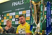 20 May 2023; La Rochelle captain Grégory Alldritt and head coach Ronan O'Gara, left, during the post match media conference after the Heineken Champions Cup Final match between Leinster and La Rochelle at Aviva Stadium in Dublin. Photo by Brendan Moran/Sportsfile