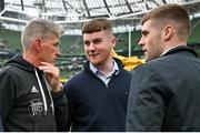 20 May 2023; La Rochelle head coach Ronan O'Gara, left, with Dan and Tony Foley, sons of the late Munster coach and player Anthony Foley, after the Heineken Champions Cup Final match between Leinster and La Rochelle at Aviva Stadium in Dublin. Photo by Brendan Moran/Sportsfile