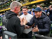 20 May 2023; La Rochelle head coach Ronan O'Gara, left, celebrates with former Munster teammate Federico Pucciariello after the Heineken Champions Cup Final match between Leinster and La Rochelle at Aviva Stadium in Dublin. Photo by Brendan Moran/Sportsfile