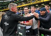 20 May 2023; La Rochelle head coach Ronan O'Gara, left, celebrates with former Munster teammate Federico Pucciariello after the Heineken Champions Cup Final match between Leinster and La Rochelle at Aviva Stadium in Dublin. Photo by Brendan Moran/Sportsfile