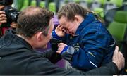 20 May 2023; La Rochelle forwards coach Donnacha Ryan consoles Leinster supporter Jennifer Malone after the Heineken Champions Cup Final match between Leinster and La Rochelle at Aviva Stadium in Dublin. Photo by Brendan Moran/Sportsfile