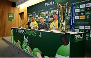 20 May 2023; La Rochelle head coach Ronan O'Gara, centre, with Romain Sazy, left, and Grégory Alldritt during the post match media conference after the Heineken Champions Cup Final match between Leinster and La Rochelle at Aviva Stadium in Dublin. Photo by Brendan Moran/Sportsfile