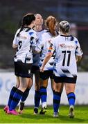 20 May 2023; Madison Gibson of Athlone Town, second from left, celebrates with teammates after scoring their side's second goal during the SSE Airtricity Women's Premier Division match between Bohemians and Athlone Town at Dalymount Park in Dublin. Photo by Seb Daly/Sportsfile