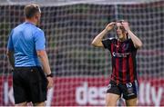 20 May 2023; Abbie O'Hara of Bohemians reacts after referee Mark Houlihan awarded a penalty against her side during the SSE Airtricity Women's Premier Division match between Bohemians and Athlone Town at Dalymount Park in Dublin. Photo by Seb Daly/Sportsfile
