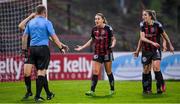 20 May 2023; Sarah Rowe of Bohemians, centre, reacts after referee Mark Houlihan awarded a penalty against her side during the SSE Airtricity Women's Premier Division match between Bohemians and Athlone Town at Dalymount Park in Dublin. Photo by Seb Daly/Sportsfile