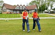 21 May 2023; Scorchers batters Gaby Lewis, left, and Mary-Anne Musonda make their way to the wicket before the Evoke Super Series match between Typhoons and Scorchers at Oak Hill Cricket Club in Kilbride, Wicklow. Photo by Seb Daly/Sportsfile