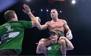 20 May 2023; James Metcalf celebrates after his IBO world super-welterweight title fight Dennis Hogan at the 3Arena in Dublin. Photo by Stephen McCarthy/Sportsfile