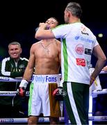 20 May 2023; Paddy Donovan and trainer Andy Lee before his welterweight bout with Sam O'Maison at the 3Arena in Dublin. Photo by Stephen McCarthy/Sportsfile