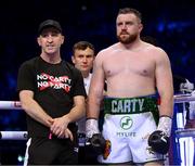 20 May 2023; Thomas Carty and trainer Packie Collins before his vacant Boxing Union of Ireland celtic heavyweight title fight with Jay McFarlane at the 3Arena in Dublin. Photo by Stephen McCarthy/Sportsfile