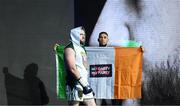 20 May 2023; Thomas Carty is walked to the ring by UFC figher Johnny Walker for his vacant Boxing Union of Ireland celtic heavyweight title fight with Jay McFarlane at the 3Arena in Dublin. Photo by Stephen McCarthy/Sportsfile