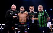 20 May 2023; Caoimhin Agyarko with his team, from left, John Hodkinson, Declan O'Rourke and Andy O'Neill following his middlewieght bout with Grant Dennis at the 3Arena in Dublin. Photo by Stephen McCarthy/Sportsfile