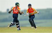 21 May 2023; Scorchers batters Sophie MacMahon, right, and Mary-Anne Musonda during the Evoke Super Series match between Typhoons and Scorchers at Oak Hill Cricket Club in Kilbride, Wicklow. Photo by Seb Daly/Sportsfile