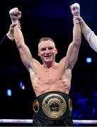 20 May 2023; James Metcalf celebrates after his IBO world super-welterweight title fight Dennis Hogan at the 3Arena in Dublin. Photo by Stephen McCarthy/Sportsfile