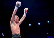 20 May 2023; James Metcalf celebrates after his IBO world super-welterweight title fight Dennis Hogan at the 3Arena in Dublin. Photo by Stephen McCarthy/Sportsfile